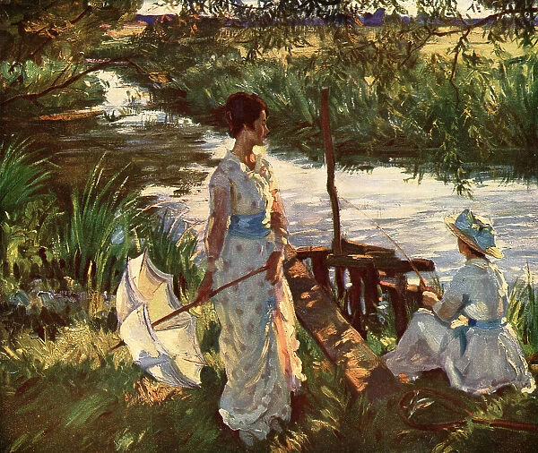 Fishing. A painting depicting a mother, wearing a pink spotted white dress