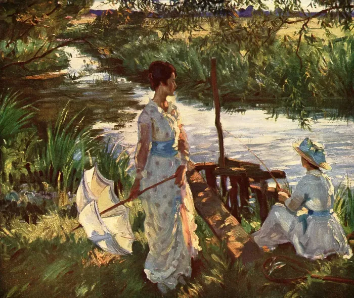 Framed Print : Fishing. A painting depicting a mother, wearing a pink spotted white dress Framed Print : Fishing. A painting depicting a mother, wearing a pink spotted white dress