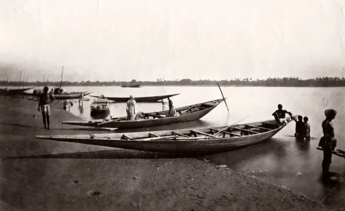 Framed Print : Fishing boats, canoes, river bank, India, c. 1880 s Framed Print : Fishing boats, canoes, river bank, India, c. 1880 s