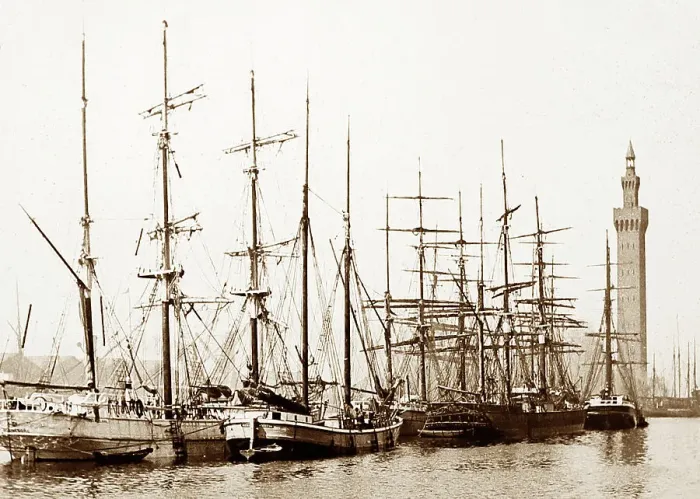 Framed Print : Fishing boats, Grimsby Docks, Victorian period Framed Print : Fishing boats, Grimsby Docks, Victorian period