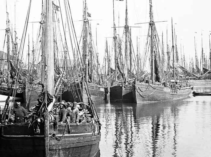 Framed Print : Fishing boats, Grimsby Docks, Victorian period Framed Print : Fishing boats, Grimsby Docks, Victorian period