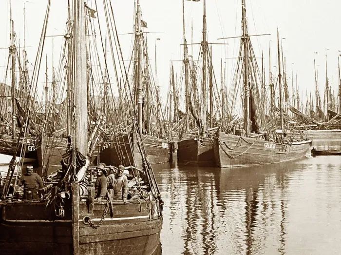 Framed Print : Fishing boats, Grimsby Docks, Victorian period Framed Print : Fishing boats, Grimsby Docks, Victorian period