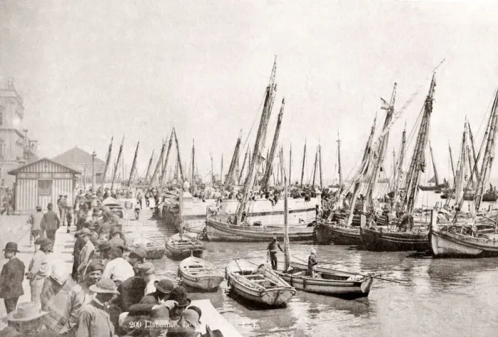 Framed Print : Fishing boats, harbour, Lisbon, Portugal, c. 1890 Framed Print : Fishing boats, harbour, Lisbon, Portugal, c. 1890