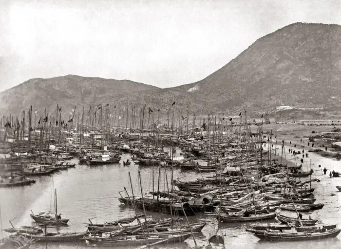 Framed Print : Fishing boats, Hong Kong, circa 1880s. Date: circa 1880s Framed Print : Fishing boats, Hong Kong, circa 1880s. Date: circa 1880s