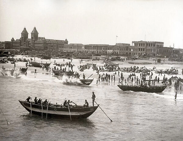 Fishing boats, and view of Madras from the Jetty