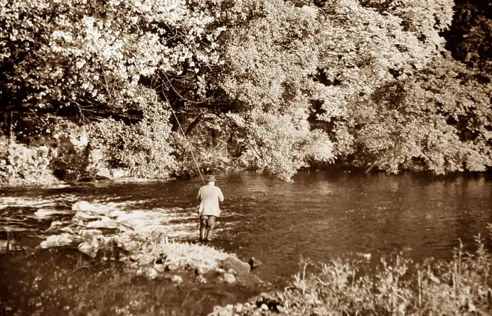 Framed Print : Fishing on the River Nidd in the 1930s Framed Print : Fishing on the River Nidd in the 1930s