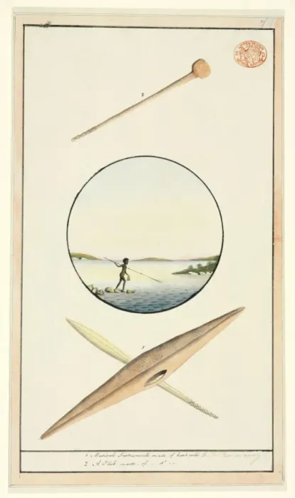Framed Print : Fishing scene framed in tondo, surrounded by musical instrum Framed Print : Fishing scene framed in tondo, surrounded by musical instrum