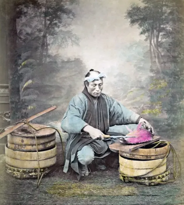 Framed Print : Fishmonger at work, Japan, circa 1880s Framed Print : Fishmonger at work, Japan, circa 1880s