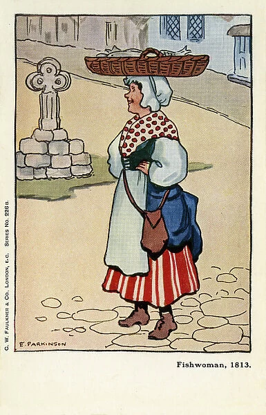 Fishwoman. A fishwoman of 1813 carrying a basket of fish on her head