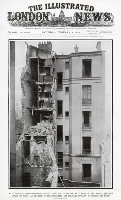 Framed Print : A five-storey dwellings heavily damaged by a bomb by a zeppelin attack. Date: 1916 Framed Print : A five-storey dwellings heavily damaged by a bomb by a zeppelin attack. Date: 1916