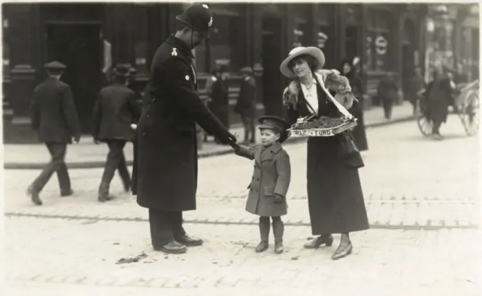 Framed Print : Flag Day, WW1, little boy in miniature uniform Framed Print : Flag Day, WW1, little boy in miniature uniform