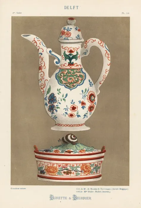 Framed Print : Flagon and butterdish from Delft, Netherlands, 18th century Framed Print : Flagon and butterdish from Delft, Netherlands, 18th century