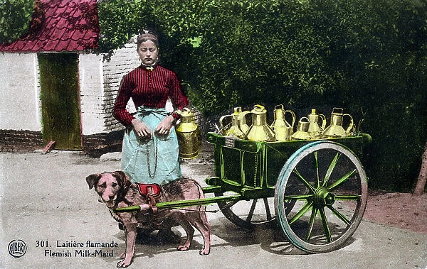 Flemish Milkmaid with her dog cart, Brussels, Belgium