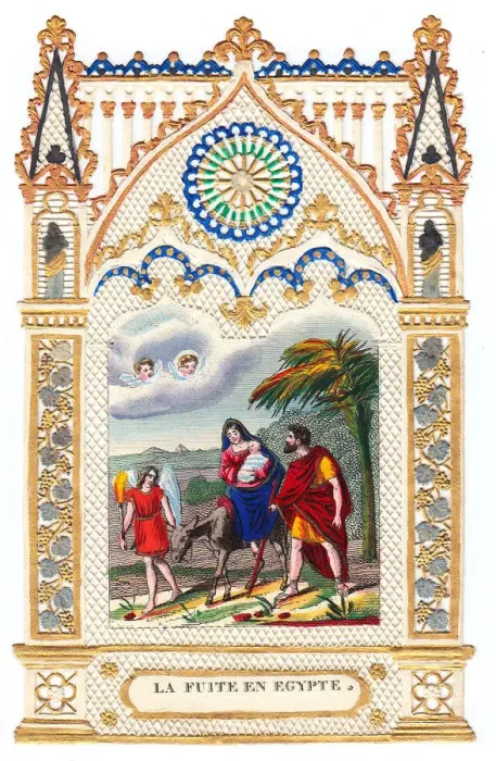 Framed Print : Flight into Egypt on a paper lace Christmas card Framed Print : Flight into Egypt on a paper lace Christmas card