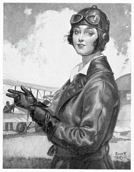 Flight / Flying Girl. Pretty young aviatrix in a belted leather flight coat