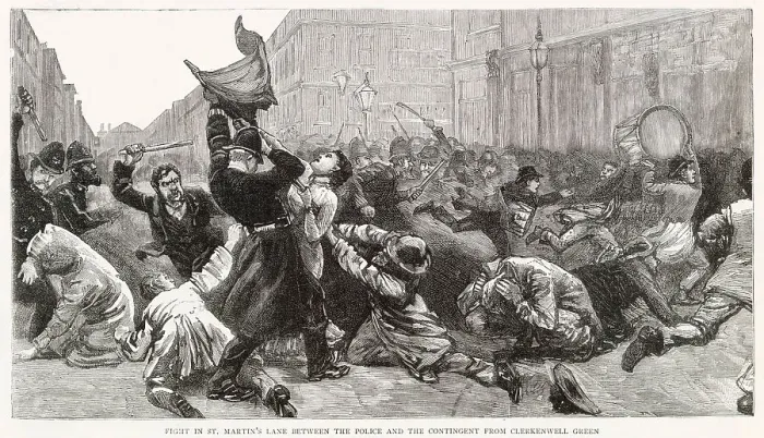 Framed Print : Flight in St. Martin's Lane between the police and the contingent from Clerkenwell Green. Police meet rioters and dispersed a procession marching from Clerkenwell Green, the struggle was severe while it lasted Framed Print : Flight in St. Martin's Lane between the police and the contingent from Clerkenwell Green. Police meet rioters and dispersed a procession marching from Clerkenwell Green, the struggle was severe while it lasted