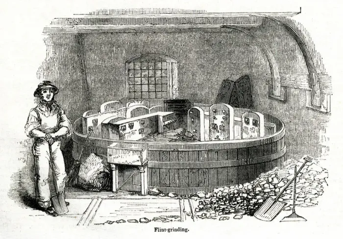 Framed Print : Flint grinding, Staffordshire Potteries 1843 Framed Print : Flint grinding, Staffordshire Potteries 1843