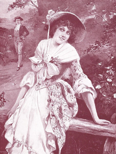 The Flirt. Coquettish young woman being pursued by a suitor. Date: 1905