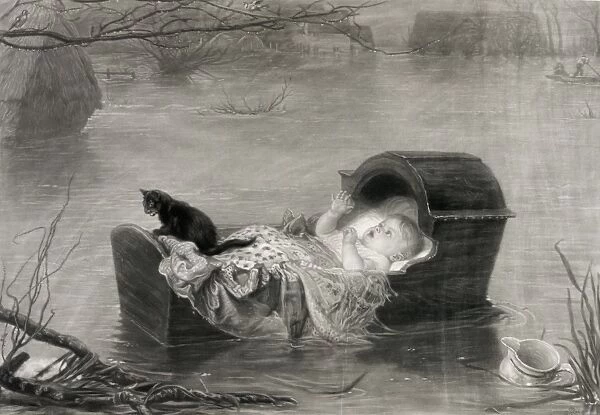 A flood. Print showing a baby and a kitten in a cradle floating on flood waters