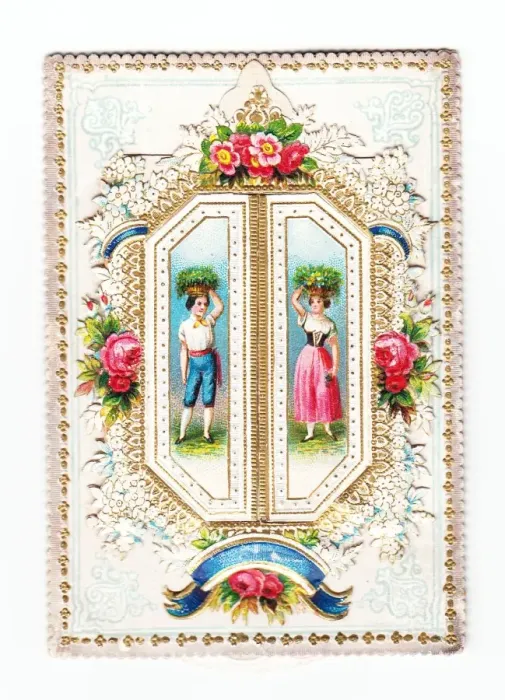 Framed Print : Floral greetings card with man and woman Framed Print : Floral greetings card with man and woman