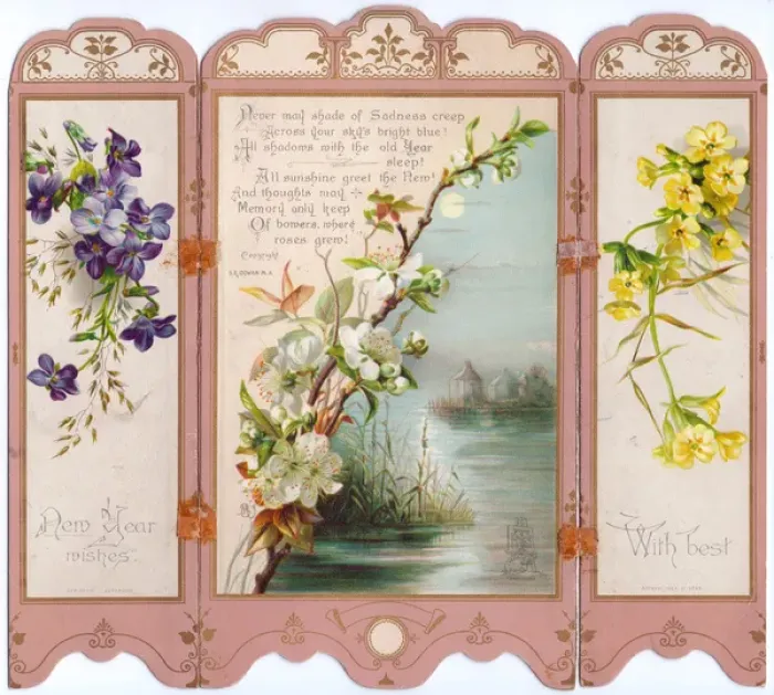 Framed Print : Three floral scenes on a New Year card Framed Print : Three floral scenes on a New Year card