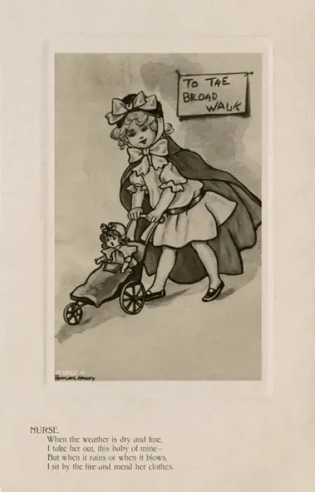 Framed Print : Nurse. Young girl dressed in the nurses uniform pushing her doll in a push-chair Framed Print : Nurse. Young girl dressed in the nurses uniform pushing her doll in a push-chair