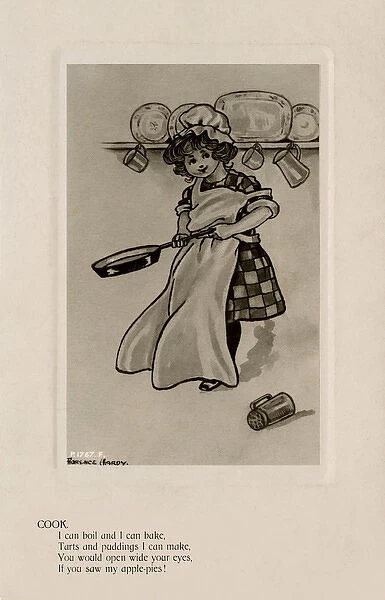 Cook. Young girl dressed in the cooks clothes holding a frying pan
