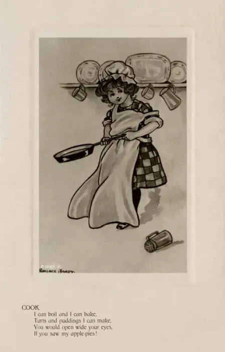 Framed Print : Cook. Young girl dressed in the cooks clothes holding a frying pan Framed Print : Cook. Young girl dressed in the cooks clothes holding a frying pan