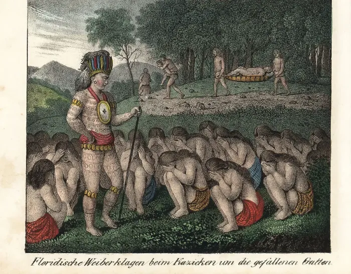 Framed Print : Florida women crouch before a rival chief after a battle Framed Print : Florida women crouch before a rival chief after a battle