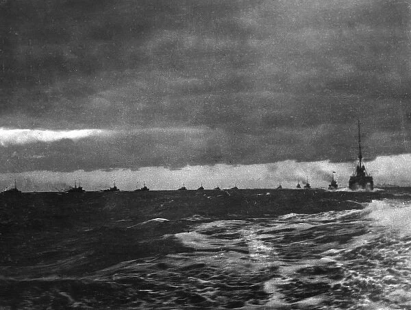 Flotilla of ships off Harwich coast, Essex, WW1