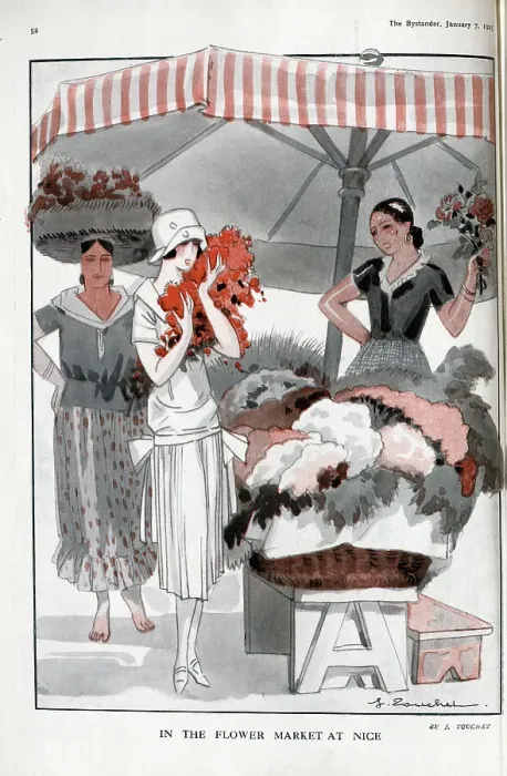 Framed Print : In the Flower Market at Nice, France by J Touchet. Showing two flower sellers under umbrella at stall, with customer in cloche hat. Jacques Touchet (1887-1949), French illustrator, artist and author. Date: 1925 Framed Print : In the Flower Market at Nice, France by J Touchet. Showing two flower sellers under umbrella at stall, with customer in cloche hat. Jacques Touchet (1887-1949), French illustrator, artist and author. Date: 1925