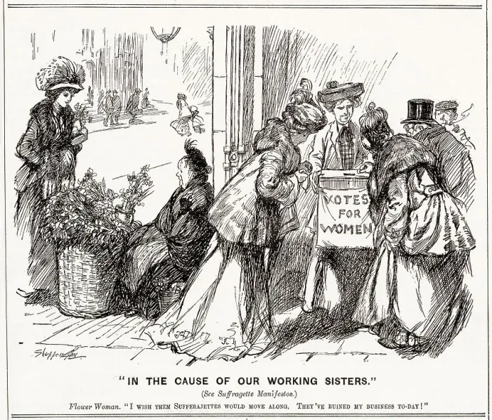 Framed Print : Flower Woman : I wish them Sufferajettes would move along. They've ruined my business today. Date: 1908 Framed Print : Flower Woman : I wish them Sufferajettes would move along. They've ruined my business today. Date: 1908