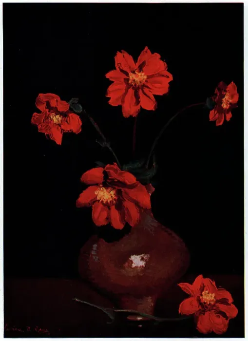 Framed Print : Flowers. A still-life painting of a vase of red Dahlias Framed Print : Flowers. A still-life painting of a vase of red Dahlias
