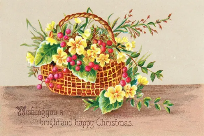 Framed Print : Flowers and berries in a basket on a Christmas card Framed Print : Flowers and berries in a basket on a Christmas card