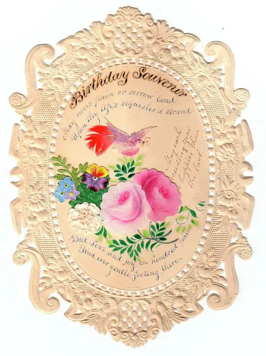 Framed Print : Flowers and bird on a paper lace birthday card Framed Print : Flowers and bird on a paper lace birthday card