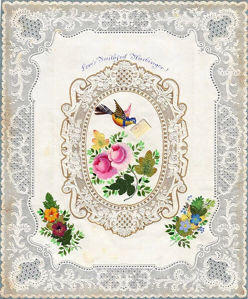 Flowers and bird on a paper lace romantic card