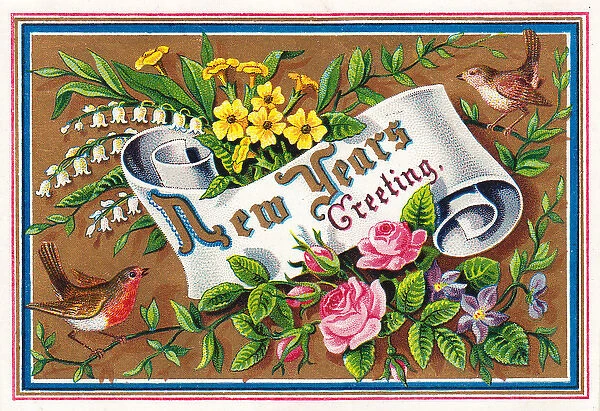Flowers and birds on a New Year card