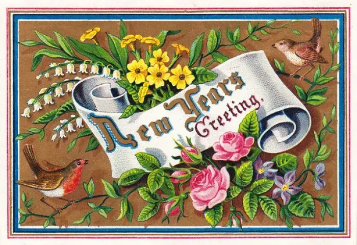 Framed Print : Flowers and birds on a New Year card Framed Print : Flowers and birds on a New Year card