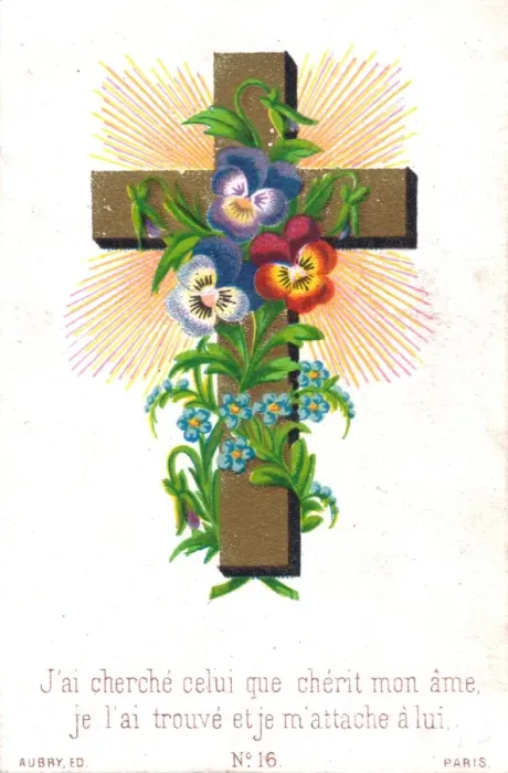 Framed Print : Flowers and a cross on a French greetings card Framed Print : Flowers and a cross on a French greetings card