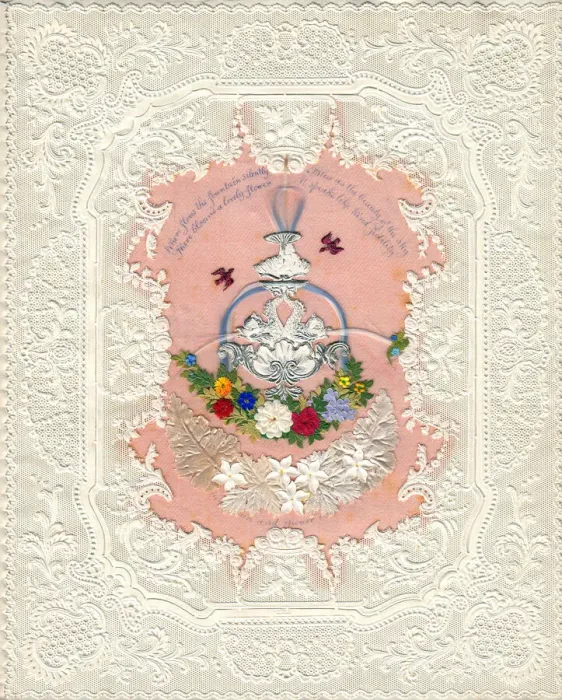 Framed Print : Flowers, fountain and birds on a paper lace romantic card Framed Print : Flowers, fountain and birds on a paper lace romantic card