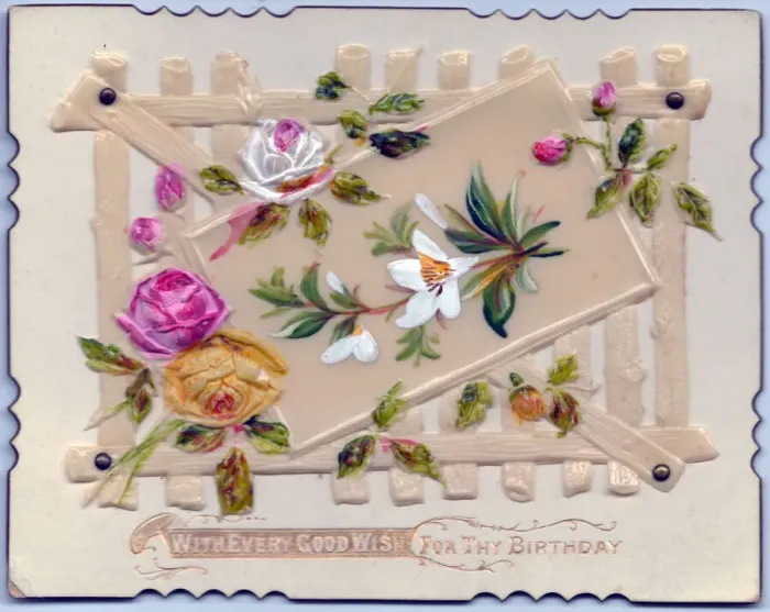 Framed Print : Flowers and garden fence on a birthday card Framed Print : Flowers and garden fence on a birthday card