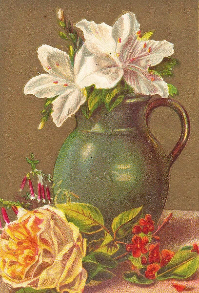 Flowers and green jug on a greetings card