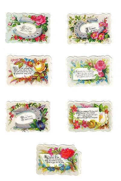 Flowers with greetings on seven Victorian scraps