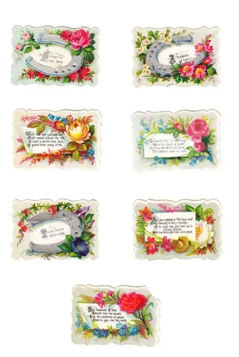 Framed Print : Flowers with greetings on seven Victorian scraps Framed Print : Flowers with greetings on seven Victorian scraps