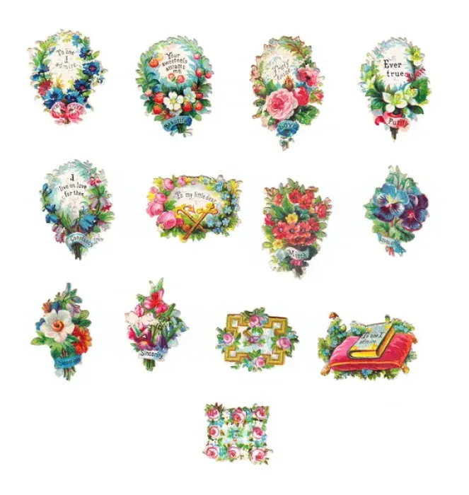 Framed Print : Flowers with greetings on thirteen romantic Victorian scraps Framed Print : Flowers with greetings on thirteen romantic Victorian scraps
