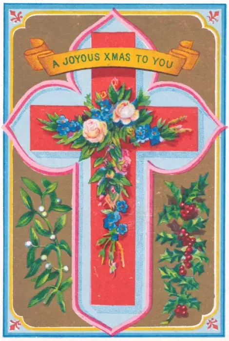 Framed Print : Flowers, mistletoe, holly and a cross on a Christmas card Framed Print : Flowers, mistletoe, holly and a cross on a Christmas card