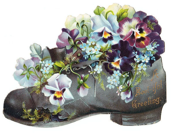 Flowers in an old boot on a greetings card