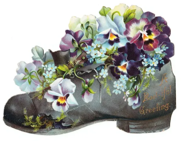 Framed Print : Flowers in an old boot on a greetings card