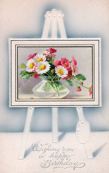 Flowers in a vase on an easel on a birthday postcard