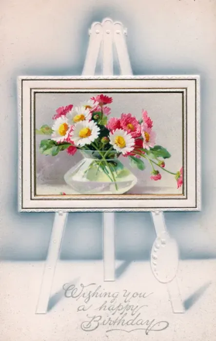 Framed Print : Flowers in a vase on an easel on a birthday postcard Framed Print : Flowers in a vase on an easel on a birthday postcard